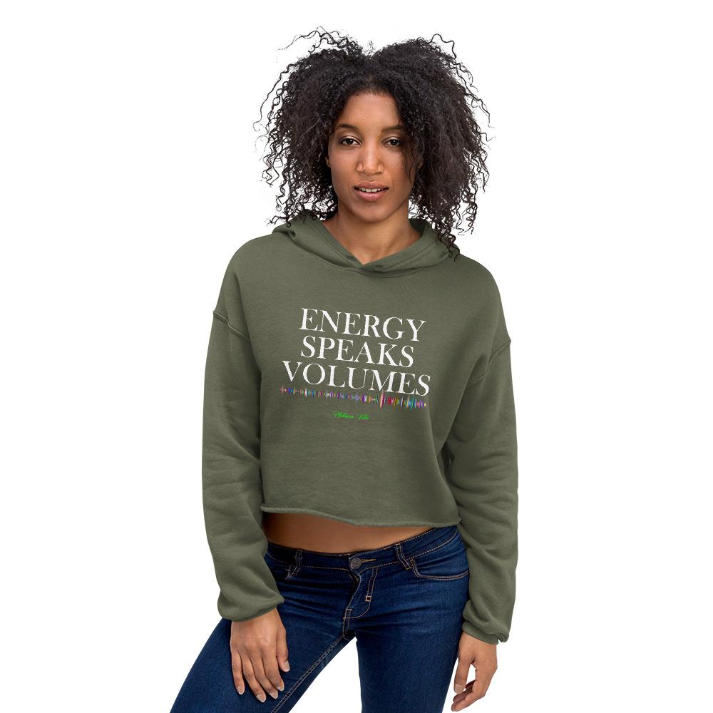 Energy Speaks Volumes Logo Print Crop Hoodie - Helluva Vibe Apparel
