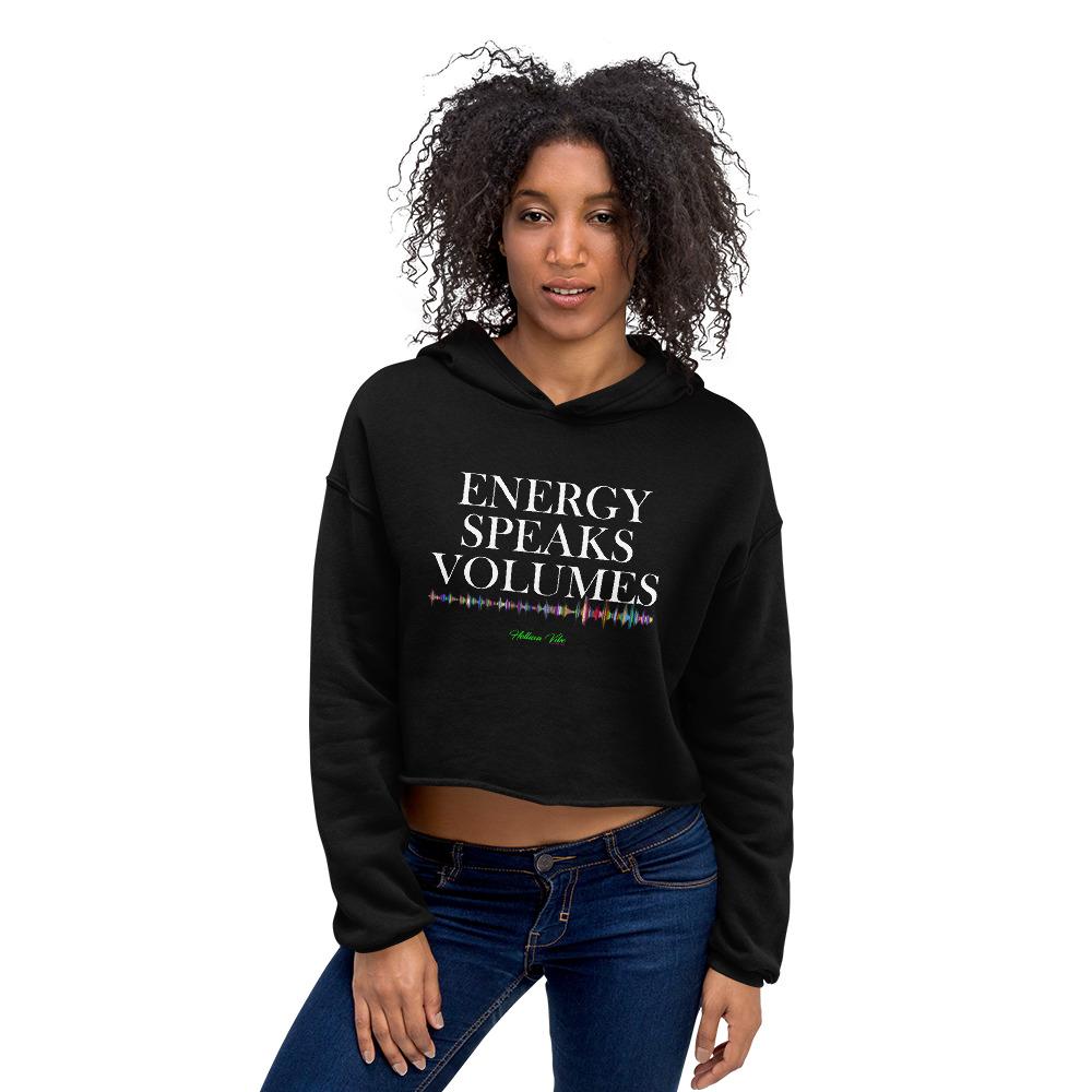 Energy Speaks Volumes Logo Print Crop Hoodie - Helluva Vibe Apparel