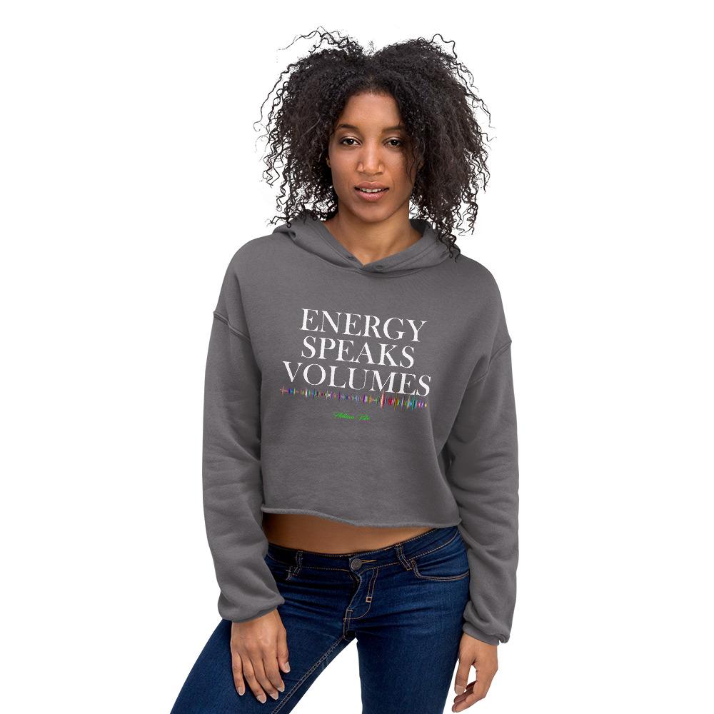 Energy Speaks Volumes Logo Print Crop Hoodie - Helluva Vibe Apparel