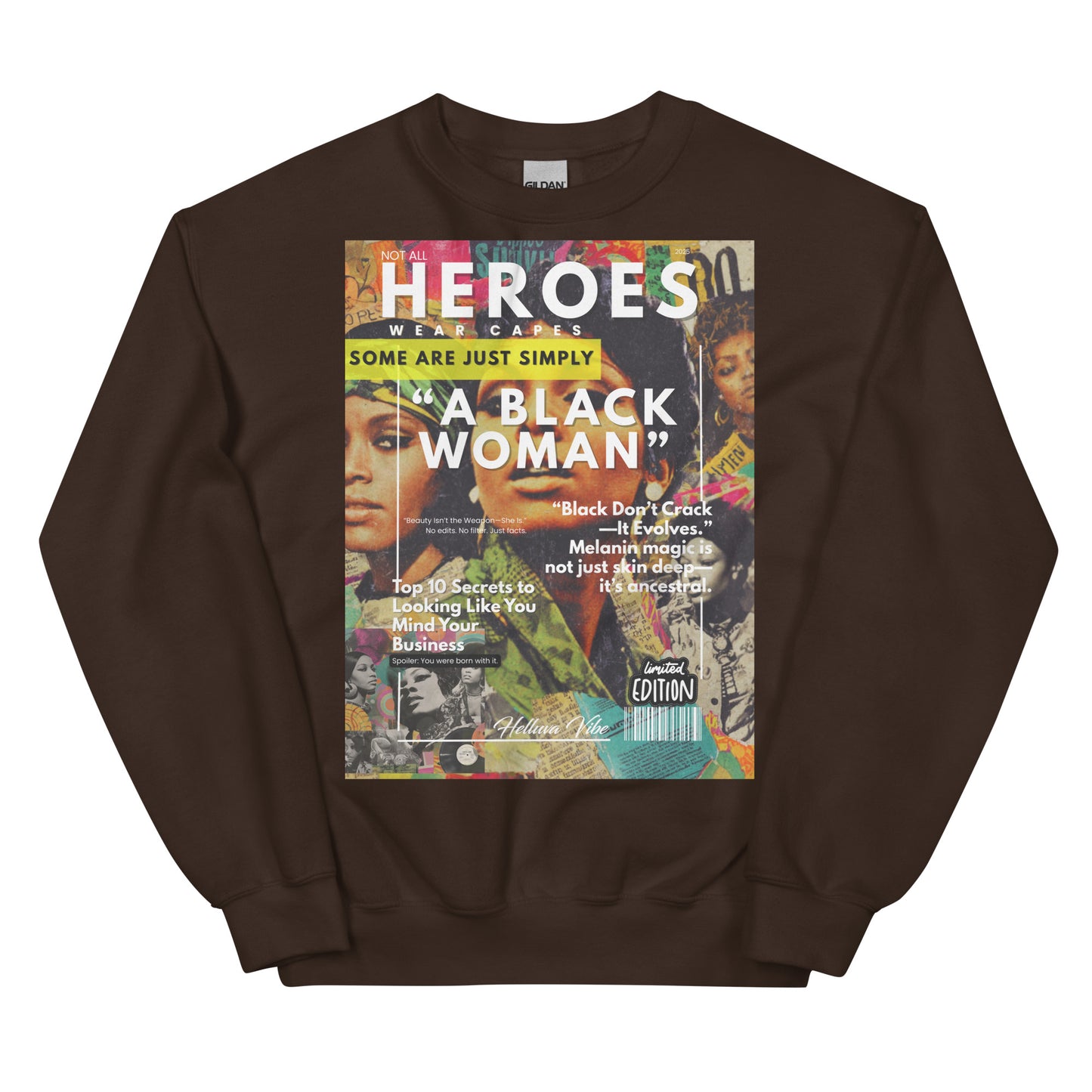 Brown sweatshirt with a magazine cover design featuring a black woman on the front.