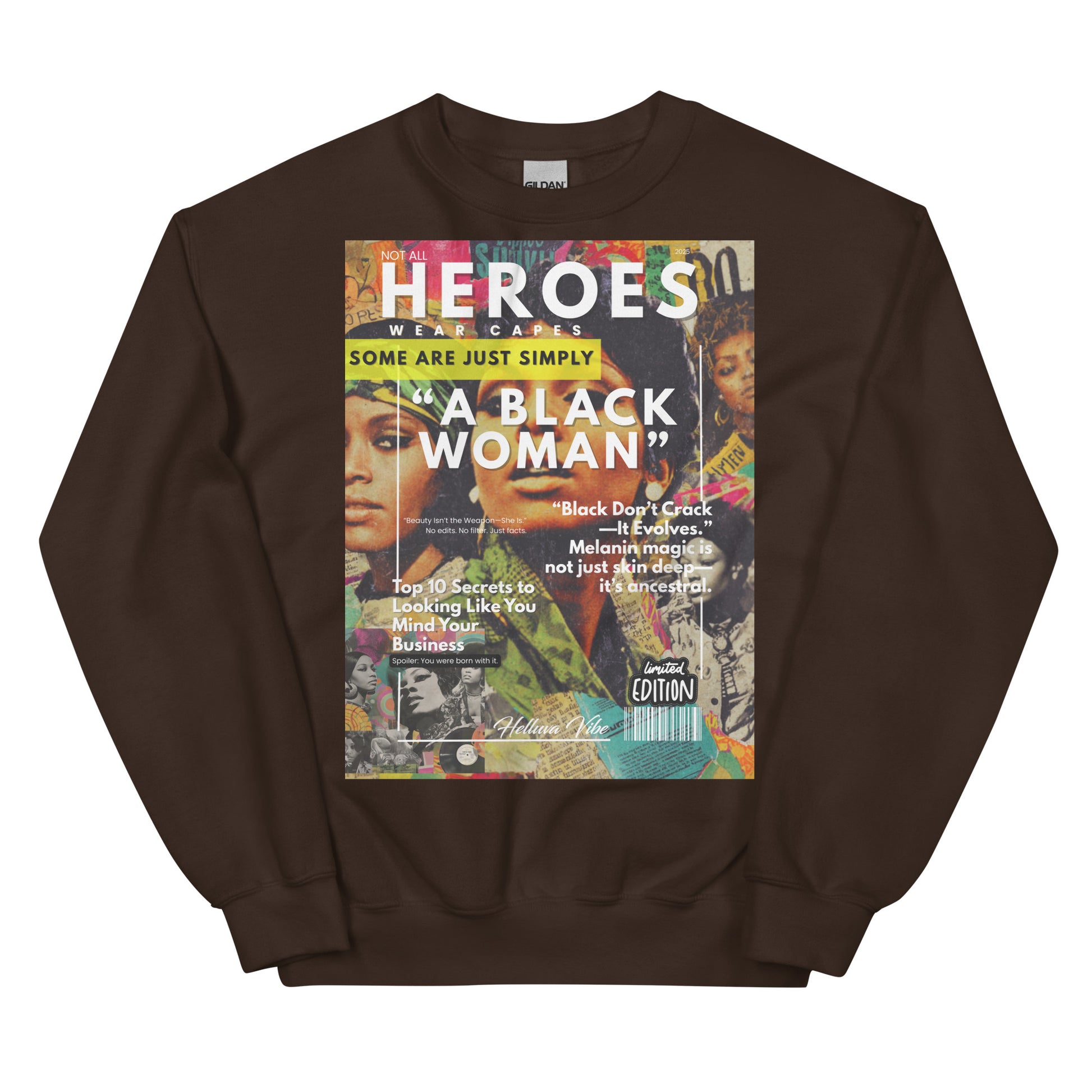 Brown sweatshirt with a magazine cover design featuring a black woman on the front.