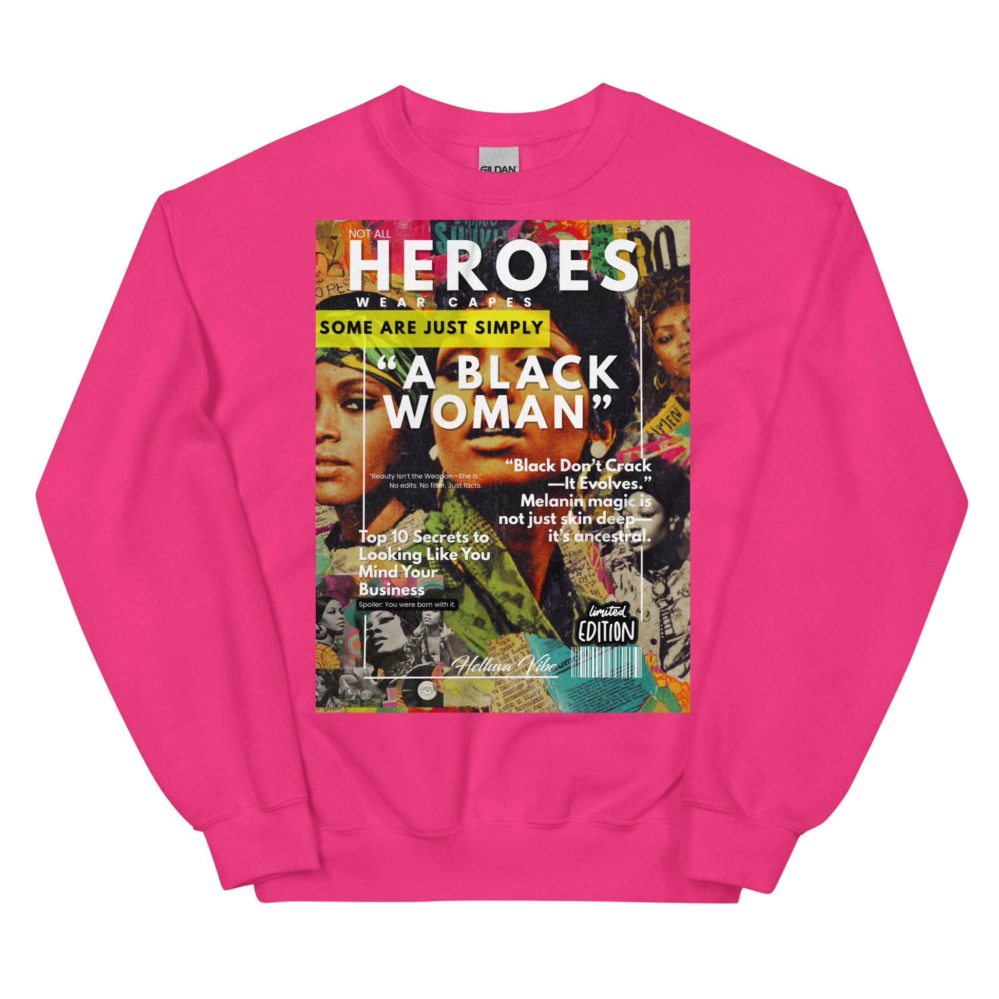 Pink sweatshirt with a magazine cover design featuring text and images on the front.