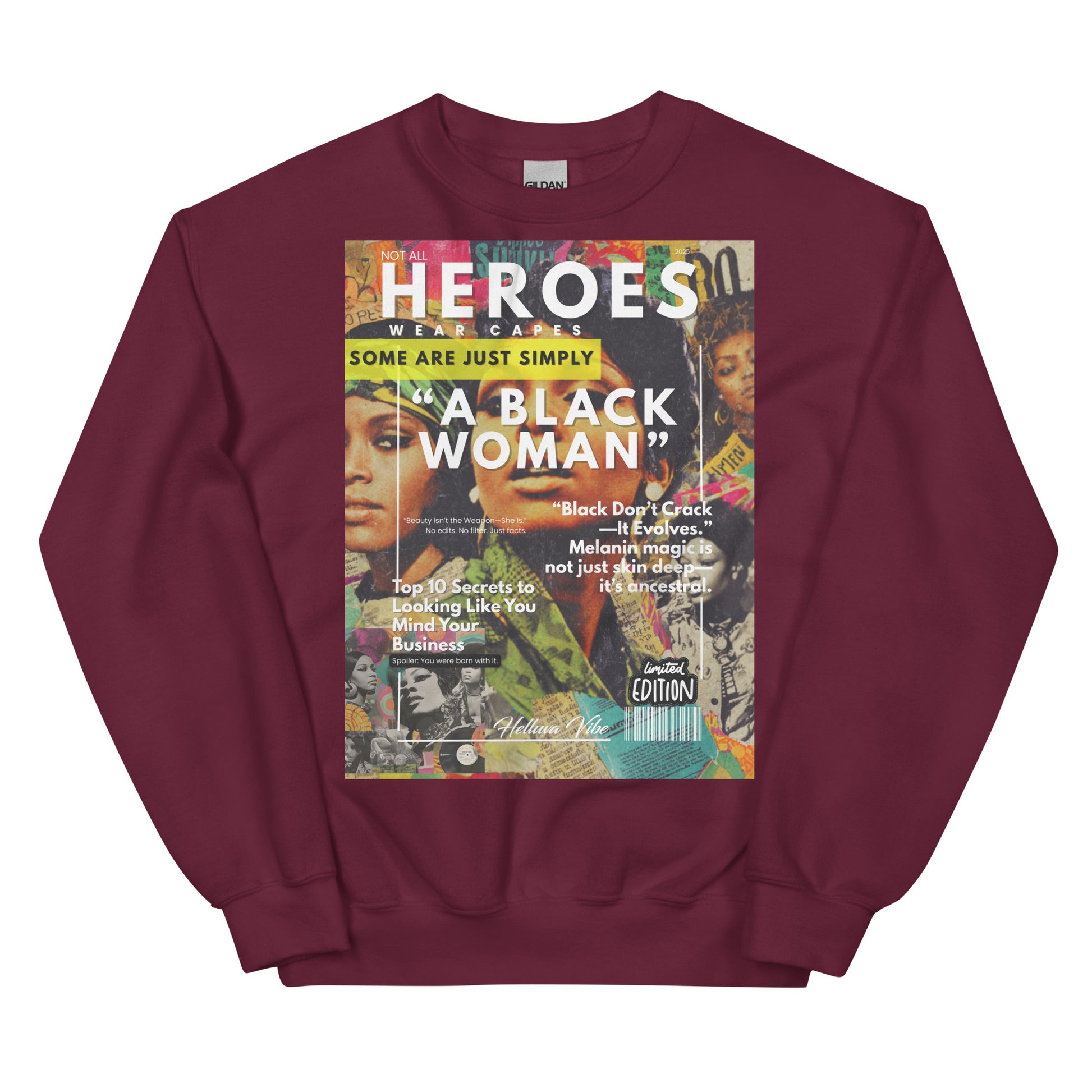 Maroon sweatshirt with a magazine cover design featuring a black woman on the front.