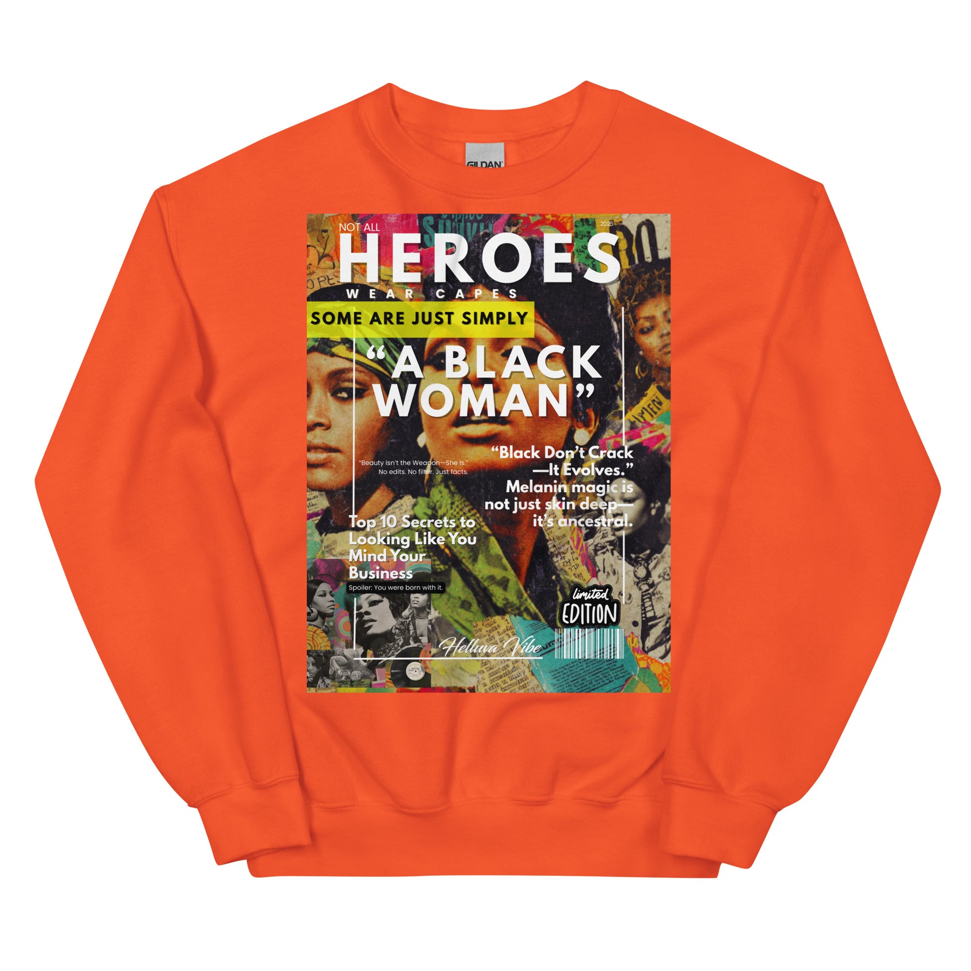 Orange sweatshirt with a magazine cover design featuring text and images on the front.
