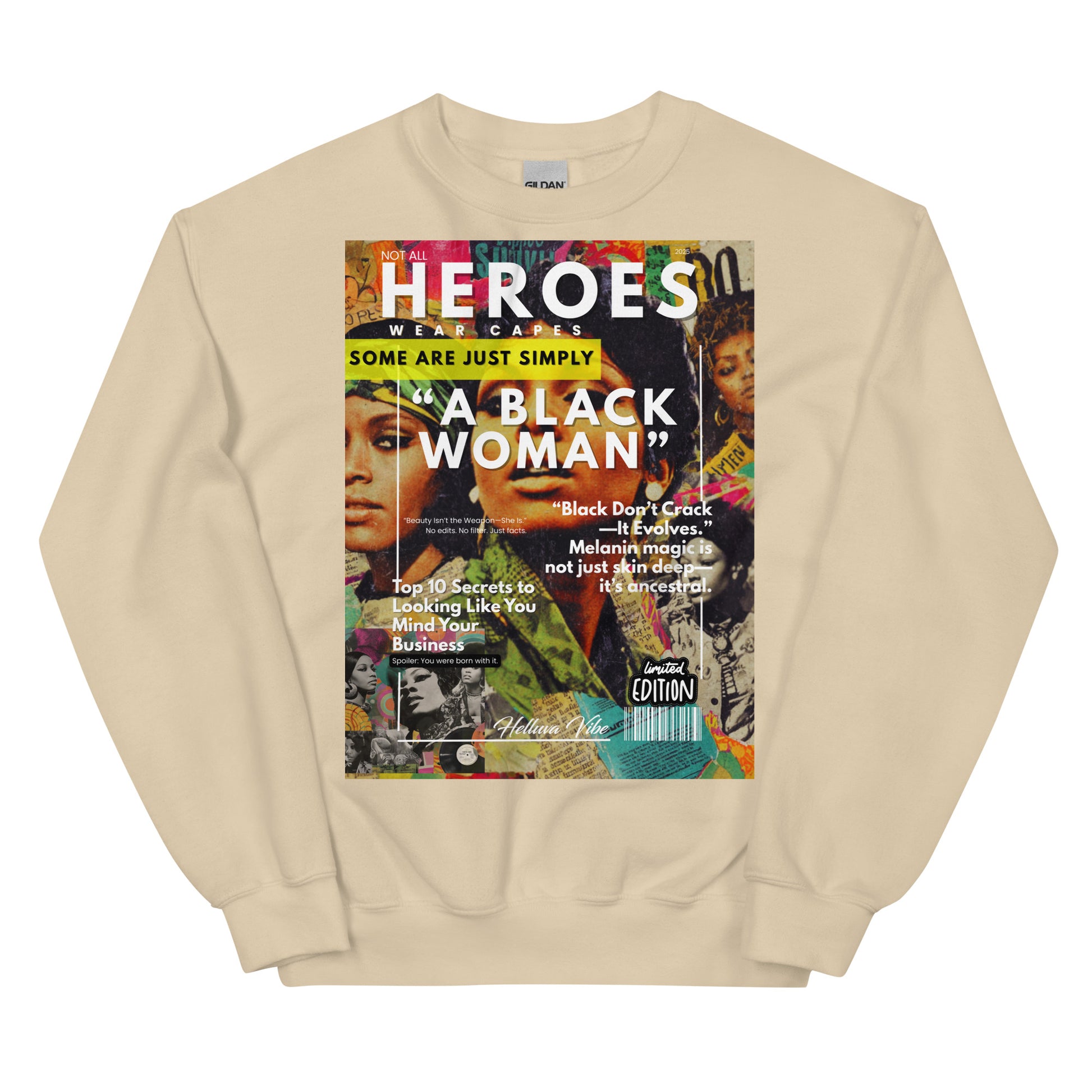 Beige sweatshirt with a magazine cover design featuring text and images on the front.