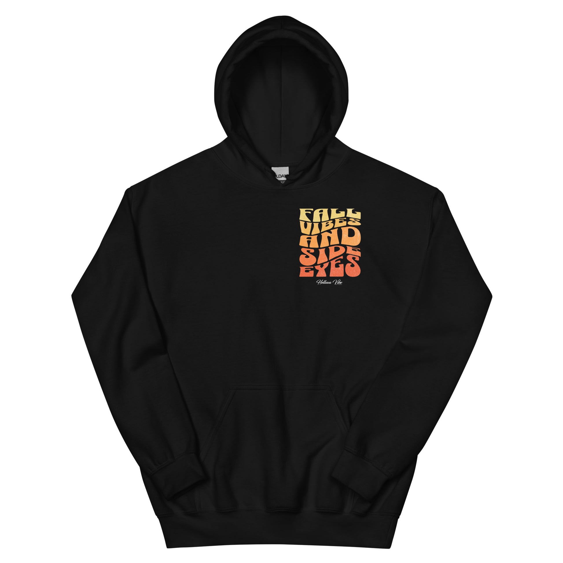 Black hoodie with orange and yellow text on a white background