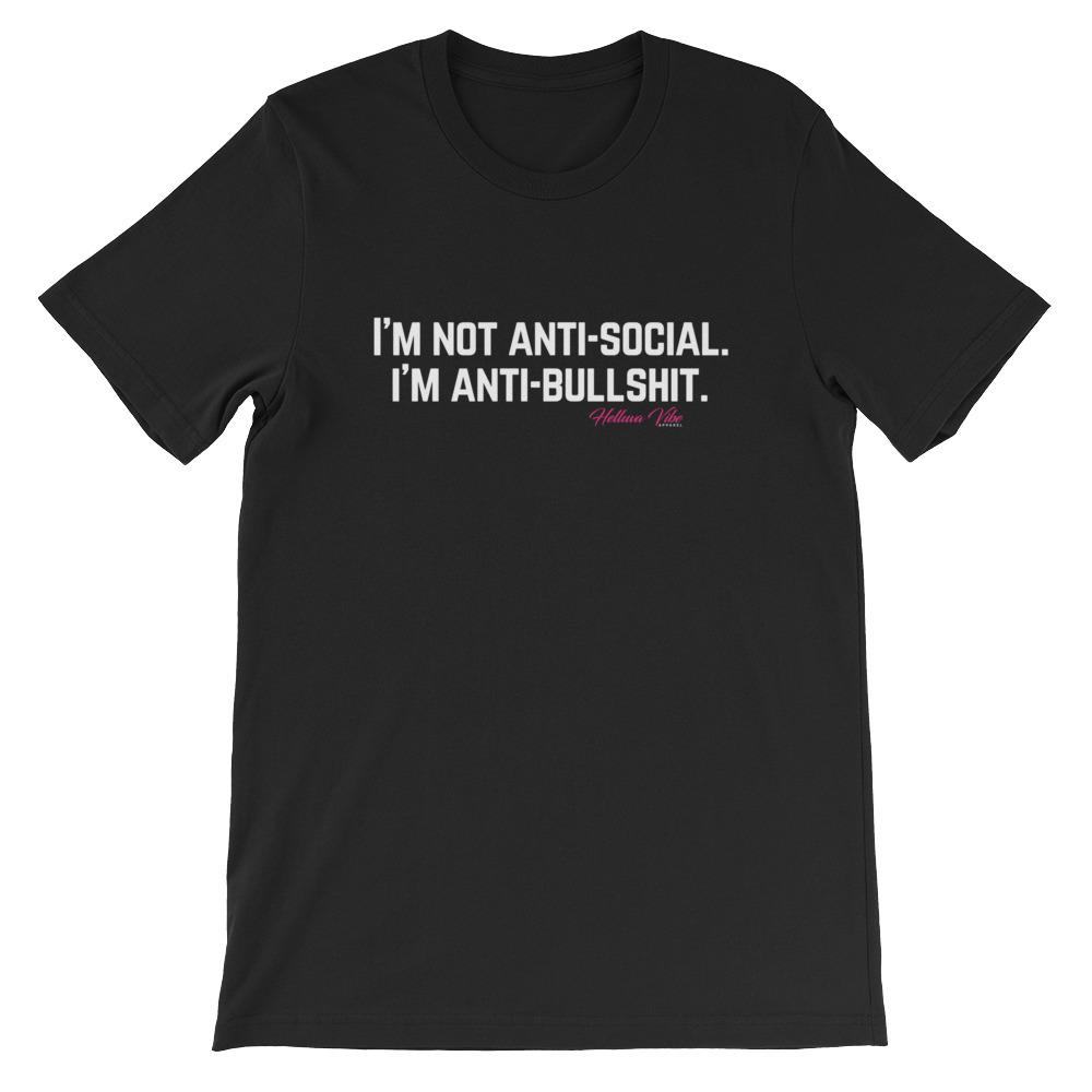 I'm Not Anti-Social Logo Print Short-Sleeve Black Unisex T-Shirt - Helluva Vibe Apparel